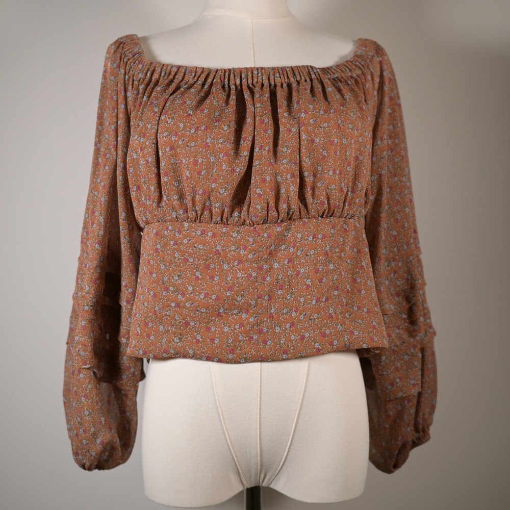 ASTR the Label S Floral Off Shoulder Smocked Peasant Blouse Rust Rose Coquette